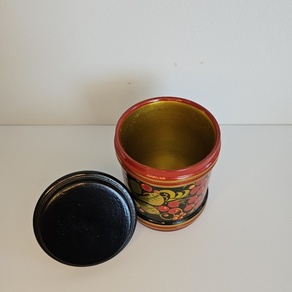 Russian Lacquered Wood Box Jar Lid Hand Painted Khokhloma Canister Folk Art - Picture 5 of 8